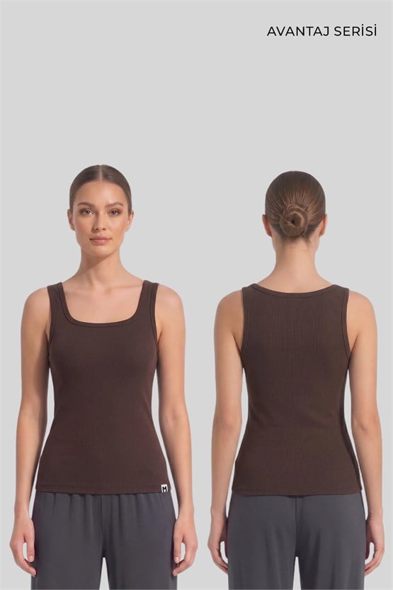 Mısırlı Kadın Kaşkorse Sırtı Kapalı Askılı Tshirt Kahverengi