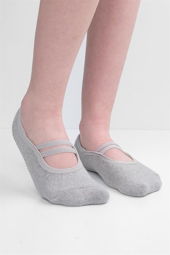 Mısırlı Kadın Kaydırmaz 2 Çift Üstü Lastikli Pilates ve Yoga Çorabı Gri