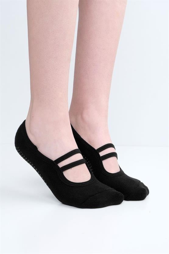 Mısırlı Kadın Kaydırmaz 2 Çift Üstü Lastikli Pilates ve Yoga Çorabı Siyah