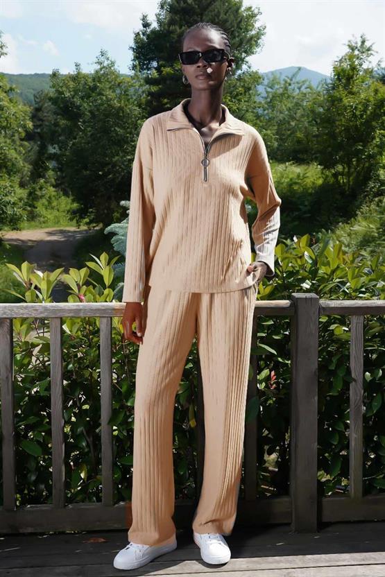 Mısırlı Kadın Likralı Viskon Fitilli Eşofman Takımı Bej