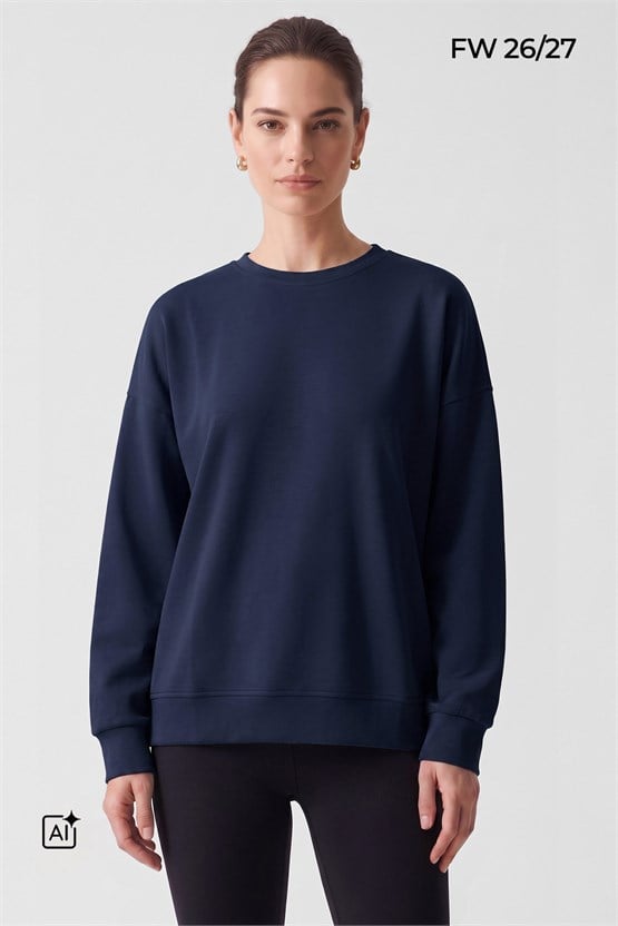 Mısırlı Kadın Modal Bisiklet Yaka Sweatshirt Koyu Lacivert