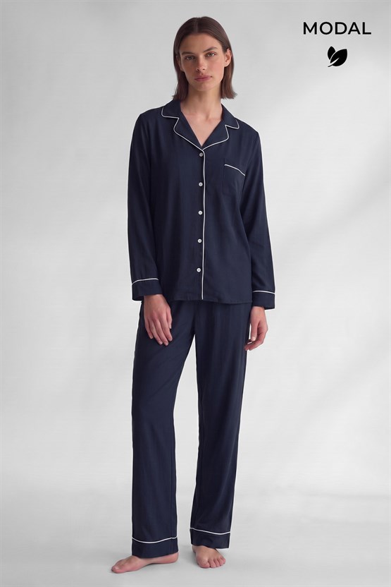 Mısırlı Kadın Modal Biye Detaylı Pijama Takım Lacivert