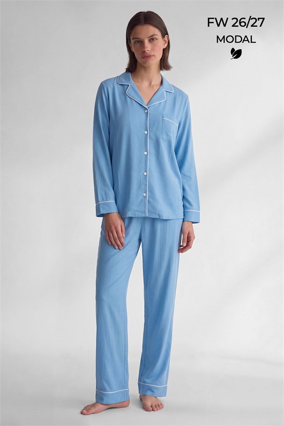 Mısırlı Kadın Modal Biye Detaylı Pijama Takım Mavi