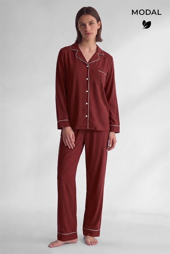 Mısırlı Kadın Modal Biye Detaylı Pijama Takım Bordo