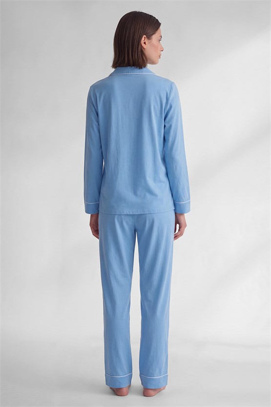 Mısırlı Kadın Modal Biye Detaylı Pijama Takım Mavi