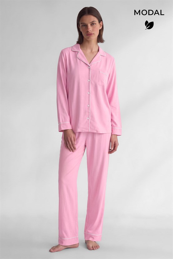 Mısırlı Kadın Modal Biye Detaylı Pijama Takım Pembe