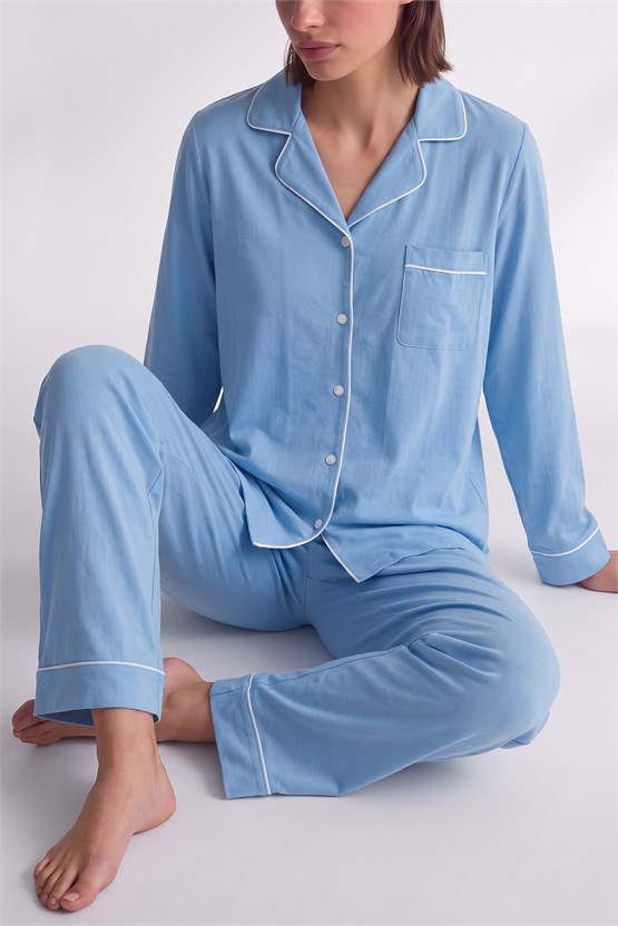 Mısırlı Kadın Modal Biye Detaylı Pijama Takım Mavi