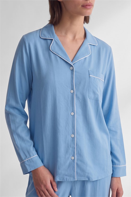 Mısırlı Kadın Modal Biye Detaylı Pijama Takım Mavi