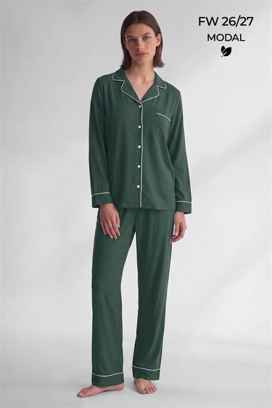 Mısırlı Kadın Modal Biye Detaylı Pijama Takım Yeşil