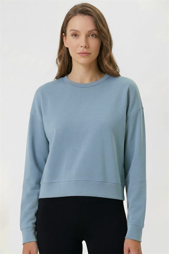 Mısırlı Kadın Modal Karışımlı Crop Sweatshirt Mavi