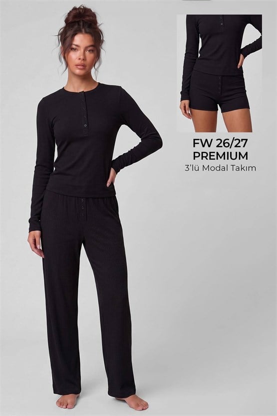 Mısırlı Kadın Modal Kaşkorse Üçlü Pijama Takım Siyah
