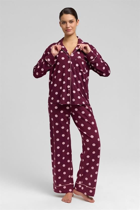 Mısırlı Kadın Modal Puantiyeli Pijama Takımı Bordo
