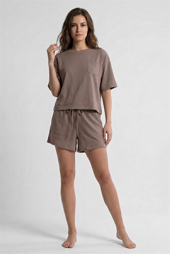 Mısırlı Kadın Modal Oversize Cepli T-shirt Şort Takım Açık Kahverengi