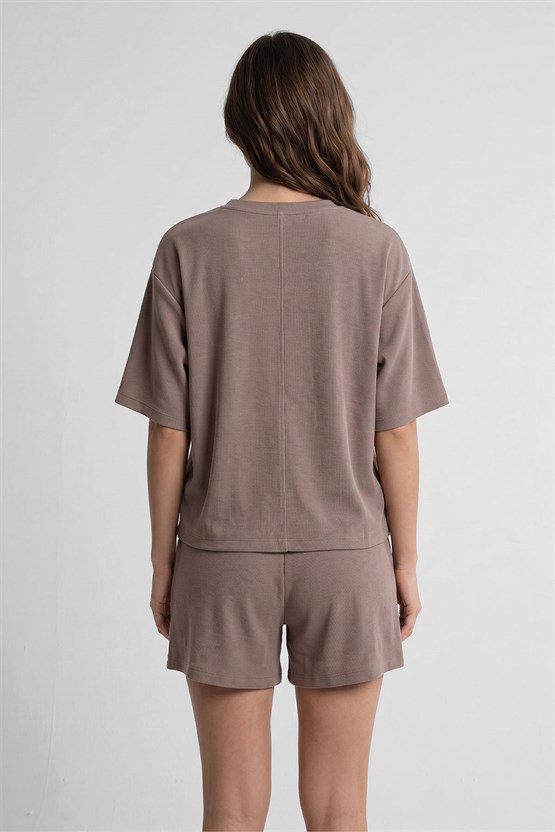 Mısırlı Kadın Modal Oversize Cepli T-shirt Şort Takım Açık Kahverengi