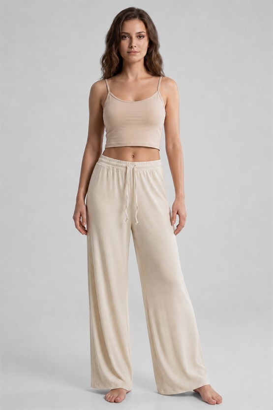 Mısırlı Kadın Modal Pamuk Karışımlı Beli Lastikli Pijama Ekru