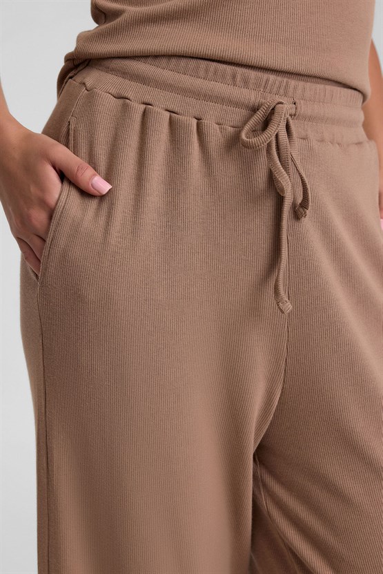 Mısırlı Kadın Modal Pamuk Karışımlı Beli Lastikli Pijama Açık Kahverengi