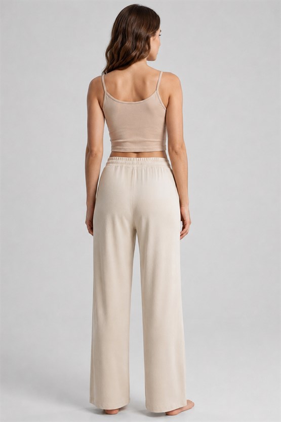 Mısırlı Kadın Modal Pamuk Karışımlı Beli Lastikli Pijama Ekru