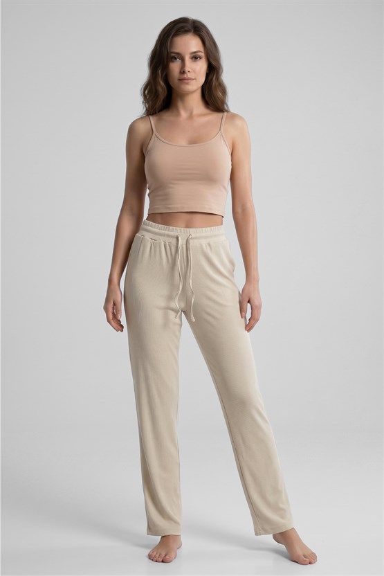 Mısırlı Kadın Modal Pamuk Karışımlı Beli Lastikli Pijama Ekru