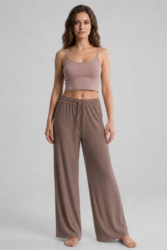 Mısırlı Kadın Modal Pamuk Karışımlı Beli Lastikli Pijama Açık Kahverengi