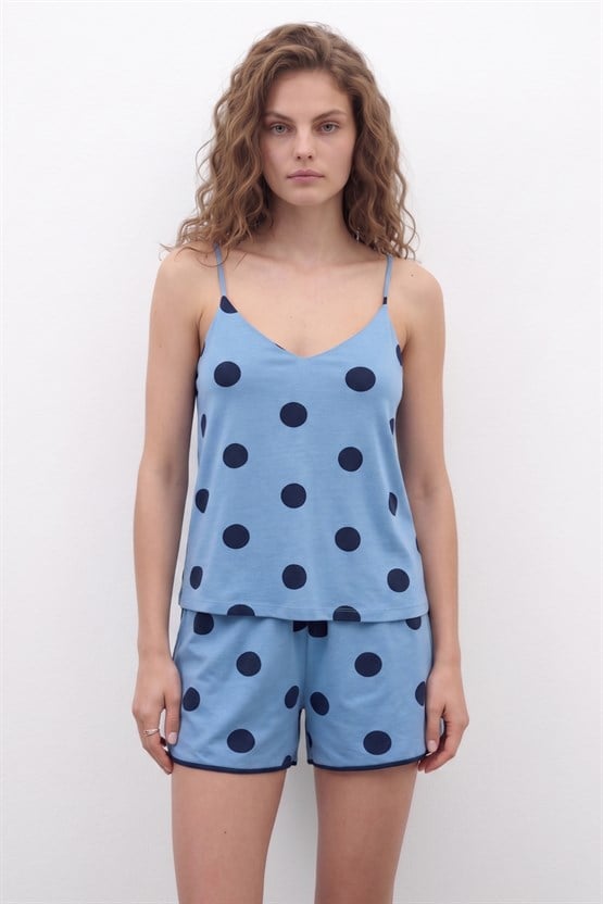 Mısırlı Kadın Modal Puantiyeli Askılı Şort İkili Takım Bebe Mavisi