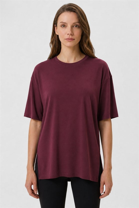 Mısırlı Kadın Modal Uzun Yırtmaçlı T-Shirt Bordo