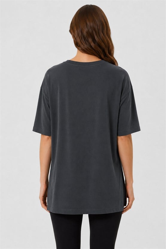 Mısırlı Kadın Modal Uzun Yırtmaçlı T-Shirt Antrasit