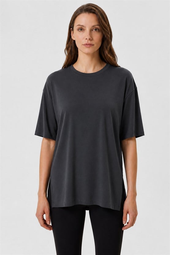Mısırlı Kadın Modal Uzun Yırtmaçlı T-Shirt Antrasit