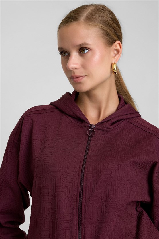 Mısırlı Kadın Monogram Desen Kapşonlu Sweatshirt Bordo