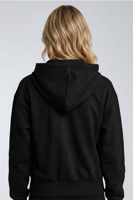 Mısırlı Kadın Monogram Desen Kapşonlu Sweatshirt Siyah