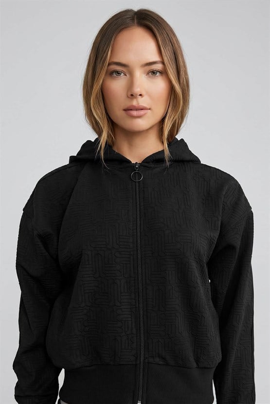 Mısırlı Kadın Monogram Desen Kapşonlu Sweatshirt Siyah