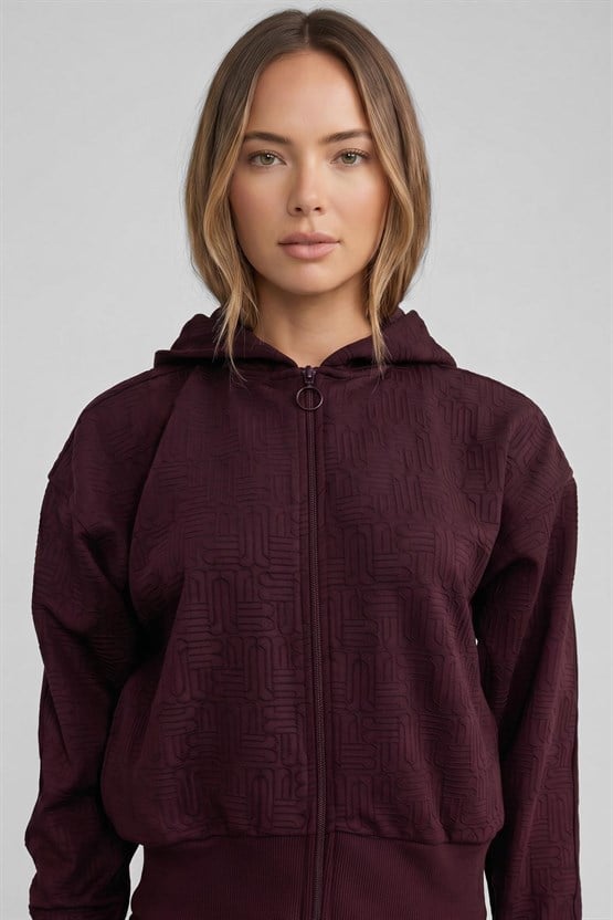 Mısırlı Kadın Monogram Desen Kapşonlu Sweatshirt Bordo