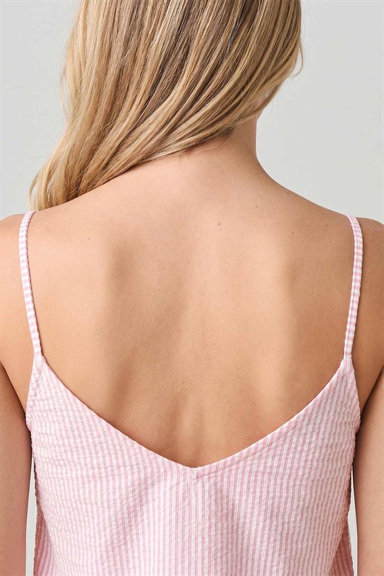 Mısırlı Kadın Naturel Çizgili Pamuklu Dantel Detaylı Takım Pembe