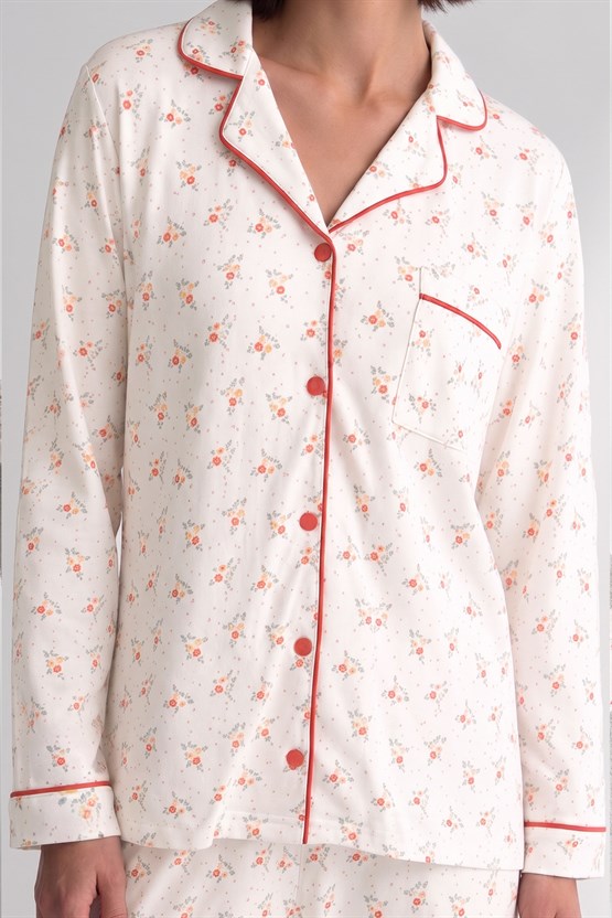 Mısırlı Kadın Önden Düğmeli Biye Detaylı Pijama Takım Turuncu