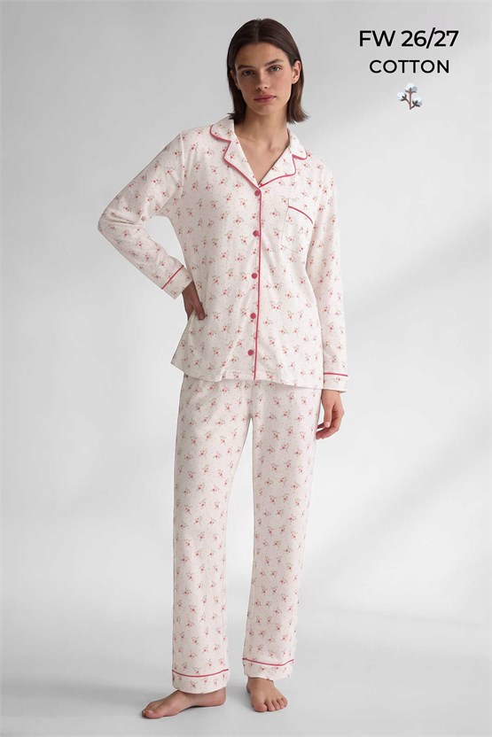 Mısırlı Kadın Önden Düğmeli Biyeli Pijama Takım Turuncu