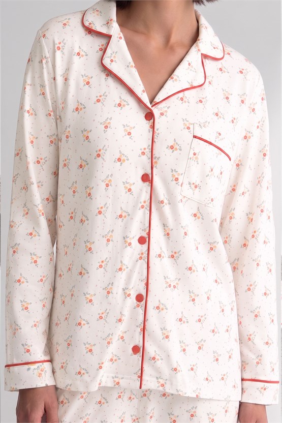 Mısırlı Kadın Önden Düğmeli Biyeli Pijama Takım Turuncu