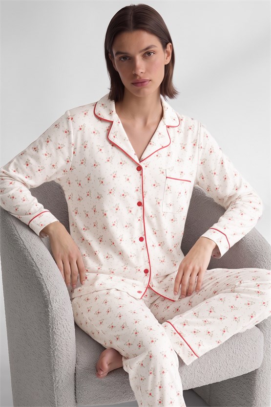 Mısırlı Kadın Önden Düğmeli Biyeli Pijama Takım Turuncu
