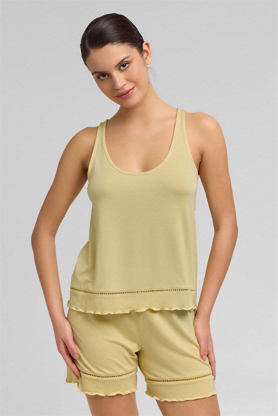 Mısırlı Kadın Örme Askılı Short Takım Açık Sarı