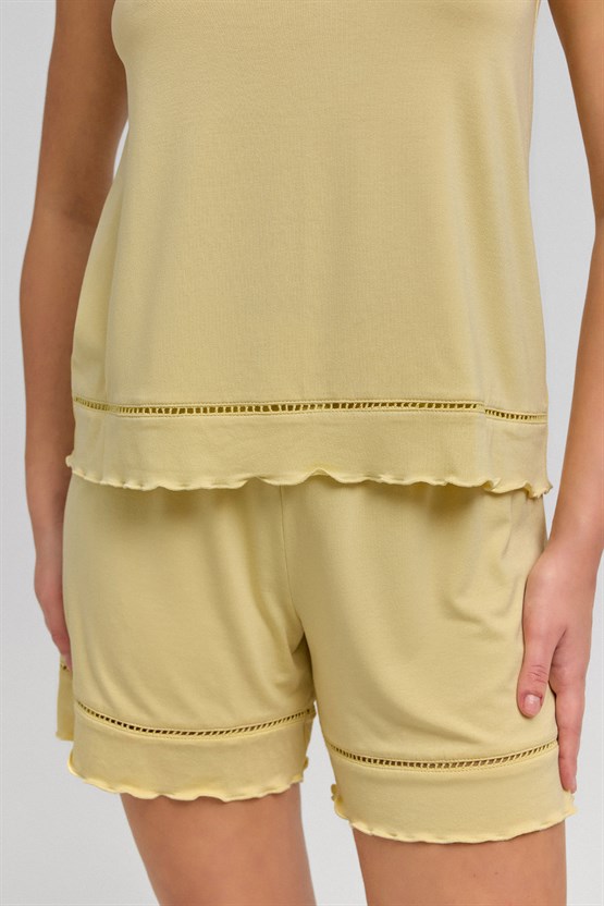 Mısırlı Kadın Örme Askılı Short Takım Açık Sarı