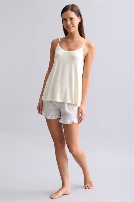 Mısırlı Kadın Örme İp Askılı Biye Detaylı Atlet Ekru