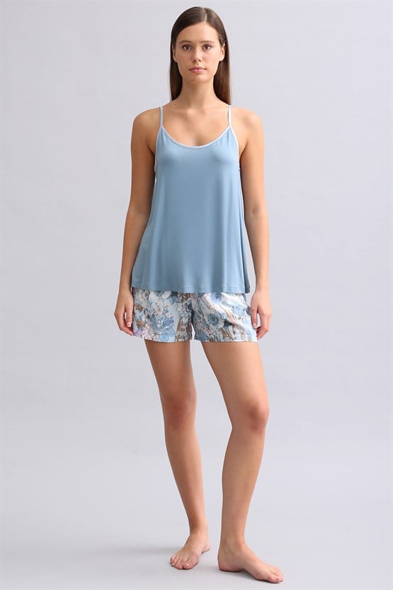 Mısırlı Kadın Örme İp Askılı Biye Detaylı Atlet Mavi