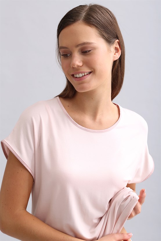 Mısırlı Kadın Örme Kısa Kol T-shirt Açık Pembe