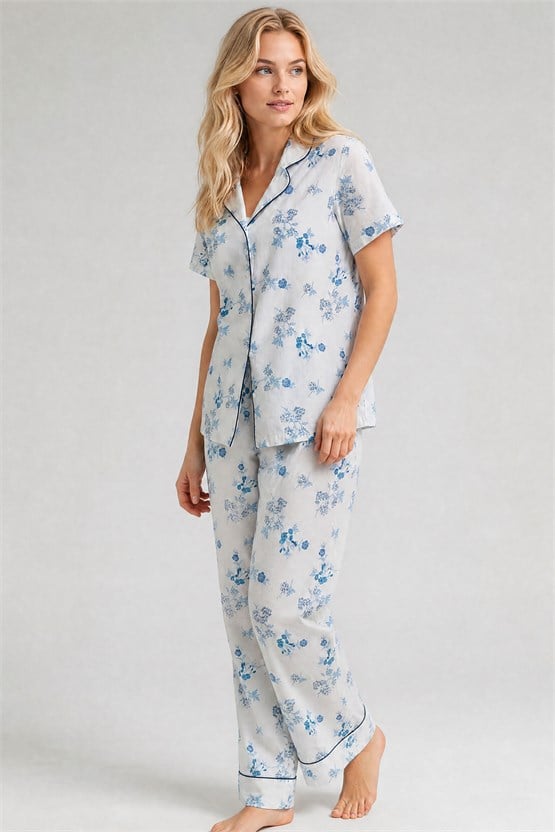 Mısırlı Kadın Pamuk Gömlek Pijama İkili Takım Beyaz
