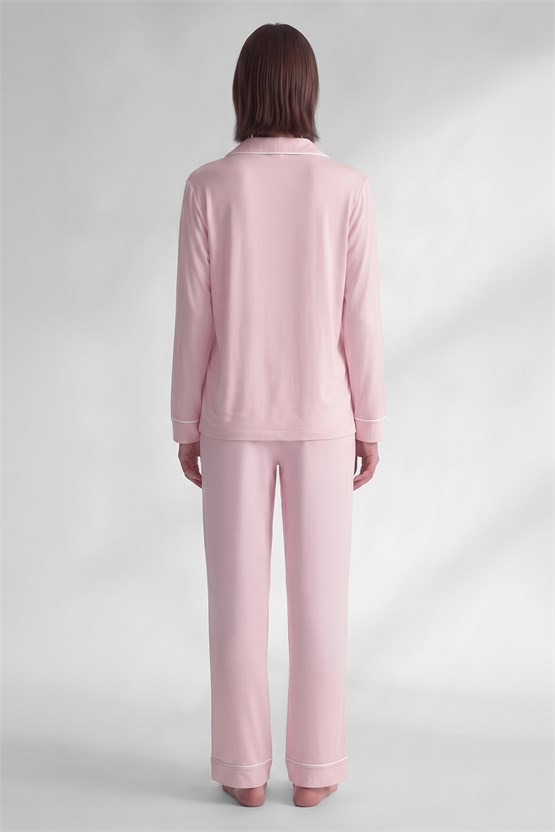 Mısırlı Kadın Pamuk Karışımlı Düz Pijama Takım Pudra