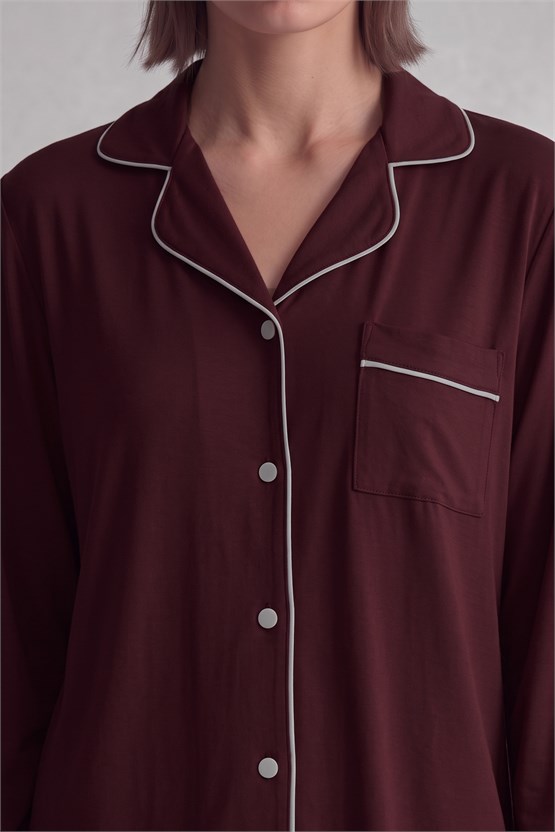 Mısırlı Kadın Pamuk Karışımlı Düz Pijama Takım Bordo