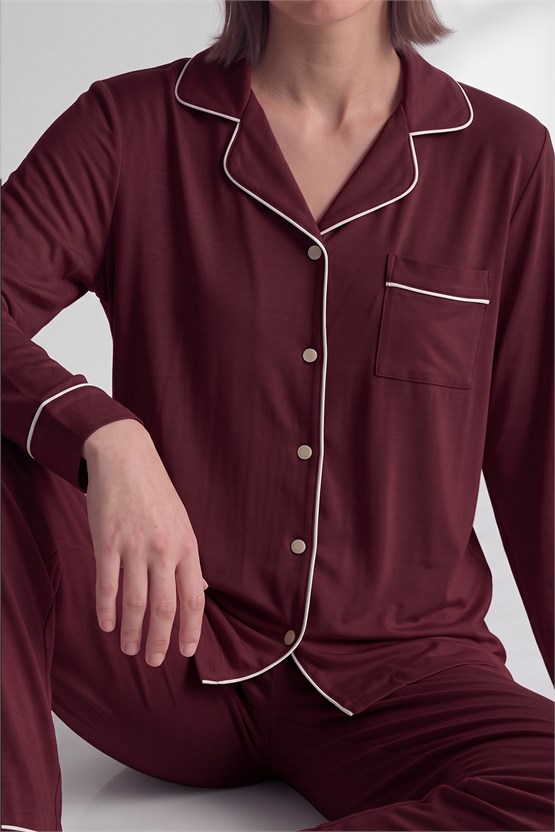 Mısırlı Kadın Pamuk Karışımlı Düz Pijama Takım Bordo