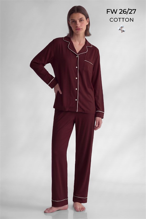 Mısırlı Kadın Pamuk Karışımlı Düz Pijama Takım Bordo