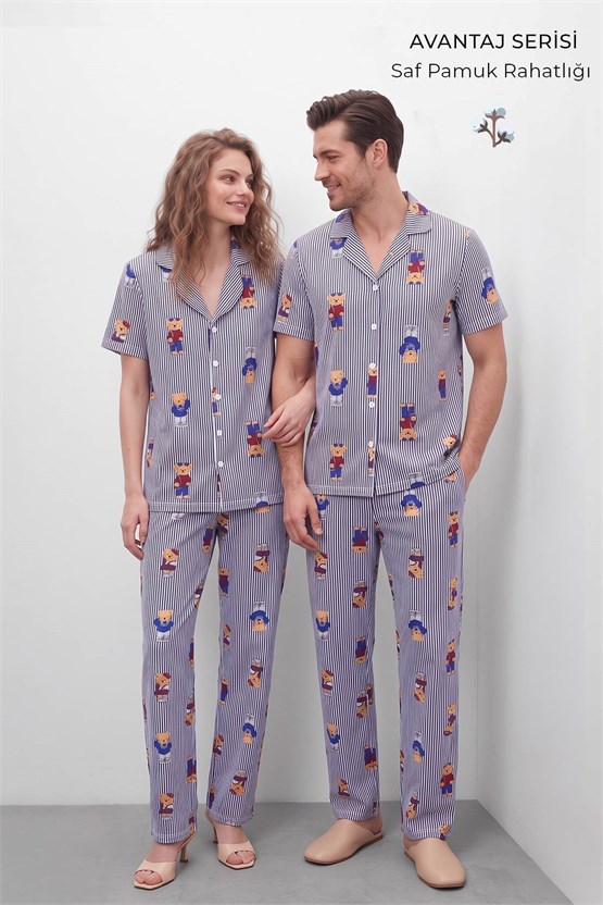 Mısırlı Kadın Pamuk Kısa Kollu Gömlek Pijama Takım Lacivert