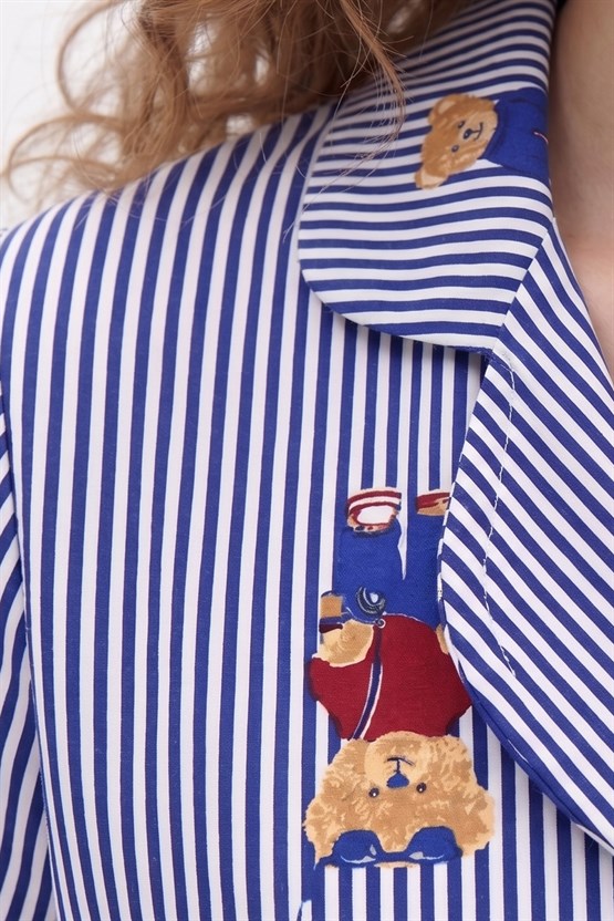 Mısırlı Kadın Pamuk Kısa Kollu Gömlek Pijama Takım Lacivert