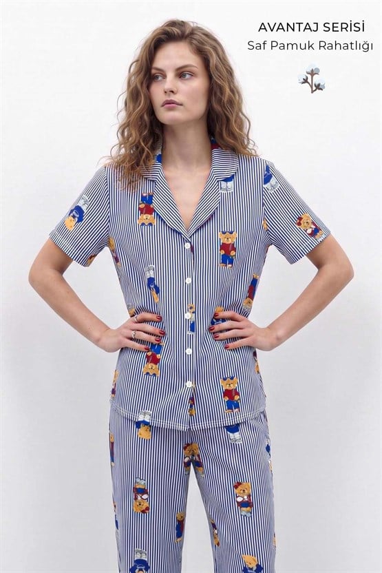 Mısırlı Kadın Pamuk Kısa Kollu Gömlek Pijama Takım Lacivert