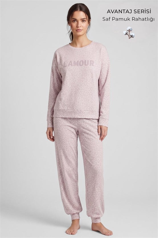 Mısırlı Kadın Pamuk Nakış Detaylı Ribanalı Pijama Takım Açık Pembe